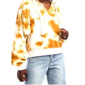 Gilded Intent Women Cropped V Neck Tie-Dye Hooded Women Sweatshirt Top Size L